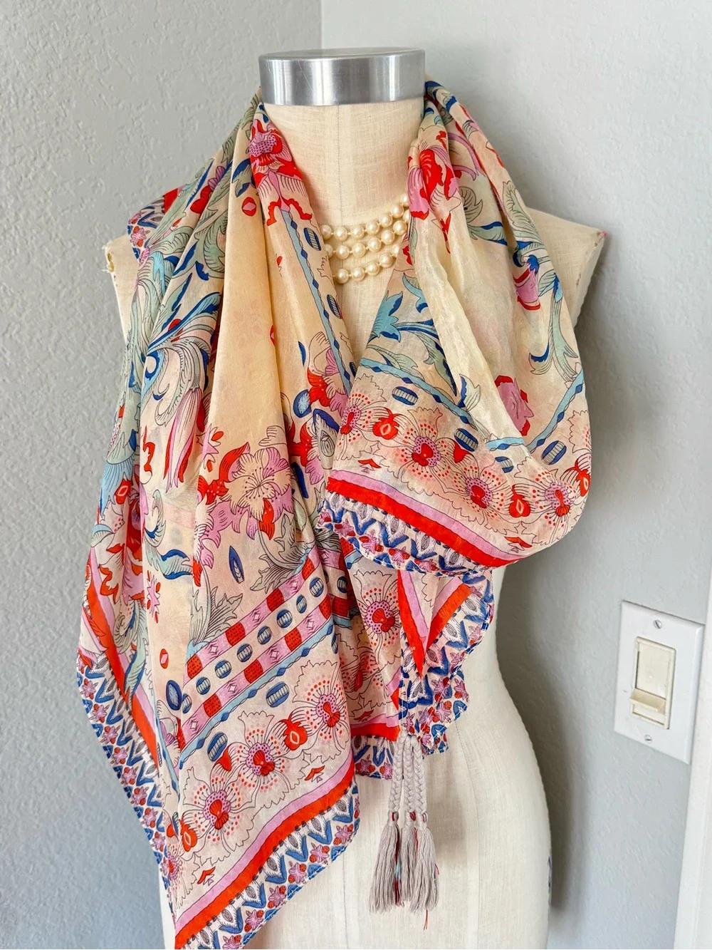 Johnny Was Silk Scarf w/Tassels 42” Square
